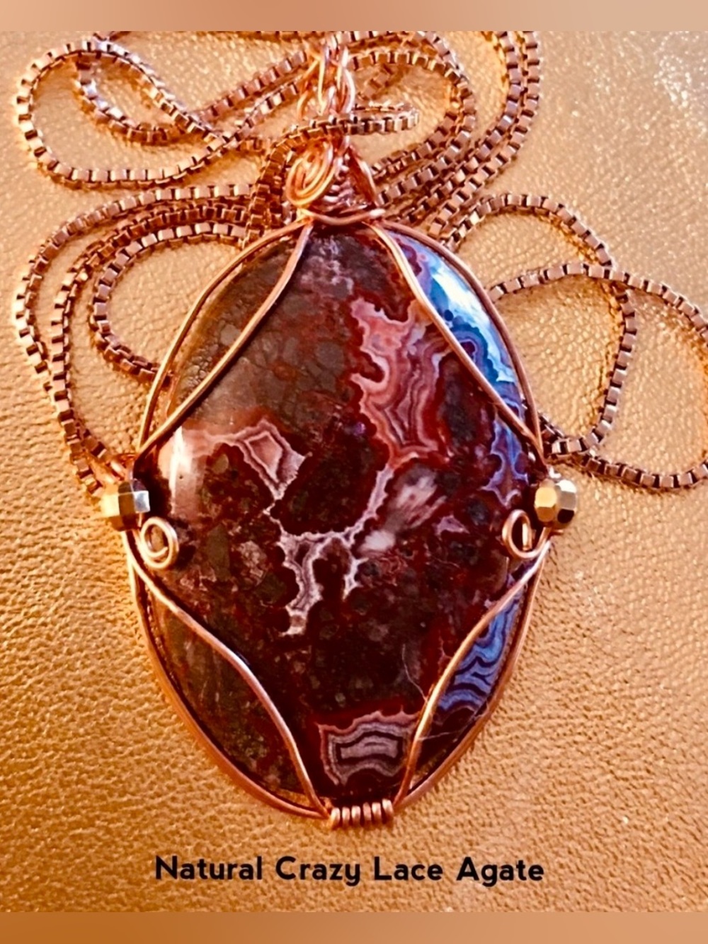 Natural Crazy Lace Agate Pendant Necklace - Copper Wire Wrap - Red/Burgundy